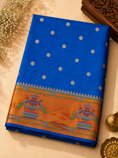 Paithani Silk Saree – Blue with Orange Zari Peacock Motif Border