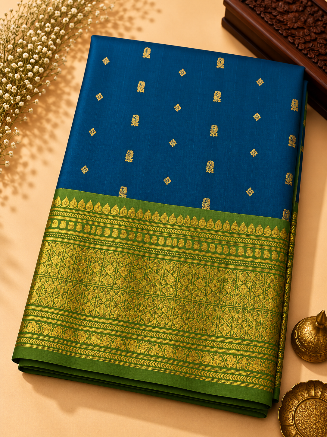 Gadwal Silk Saree – Royal Blue with Olive Green Antique Gold Zari Border