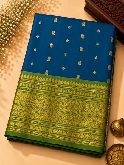 Gadwal Silk Saree – Royal Blue with Olive Green Antique Gold Zari Border