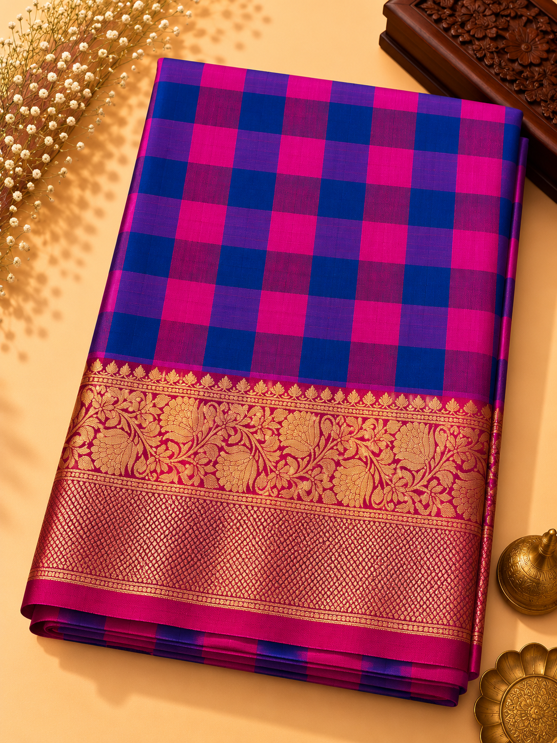 Gadwal Silk Saree – Royal Purple &amp; Magenta Checks with Red Zari Border